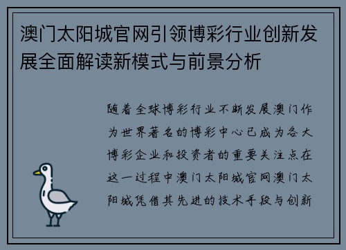 澳门太阳城官网引领博彩行业创新发展全面解读新模式与前景分析